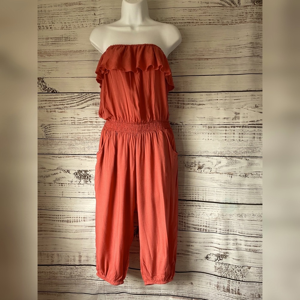 Coral Ruffle Tube Top Linen Romper by Royal Love
